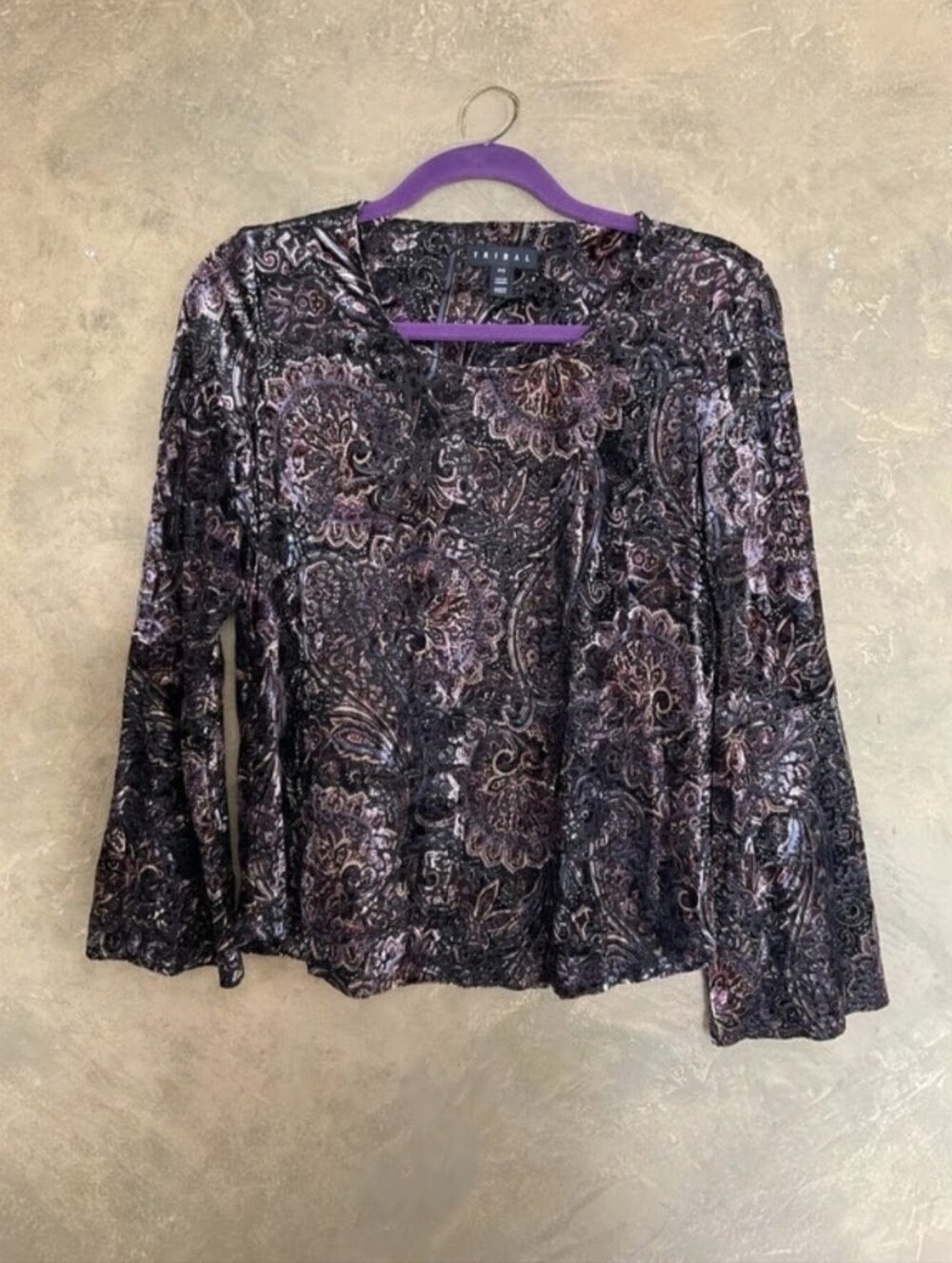 Tribal Velvet Burnout Paisley Bell Sleeve Top Small Boho Whimsigoth
